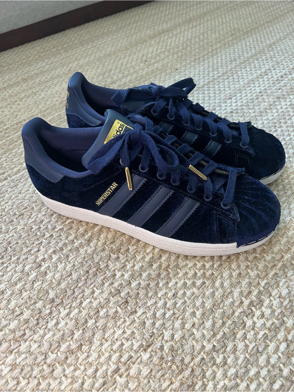 adidas Superstar Velvet Sneakers in Navy with Gold Accents